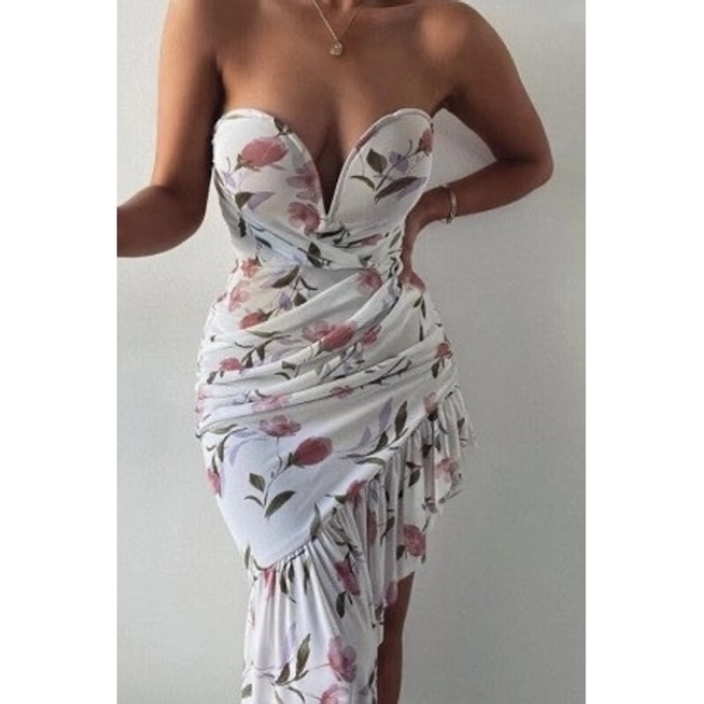 JLUXLABEL Floral Mesh Ruched Midi Dress Womens Medium White Pink Sexy Strapless